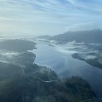 Aerial view of forested valleys and inlets near Port McNeill on Vancouver Island, with morning mist over the water.