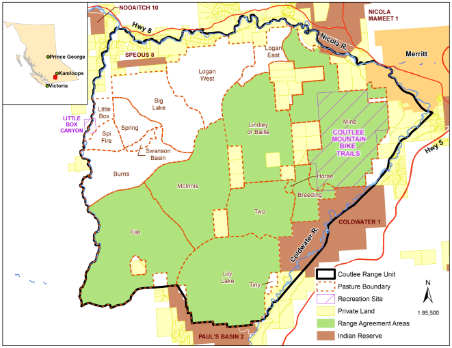 Map of the range agreement areas and pastures within the Coutlee Range Unit.